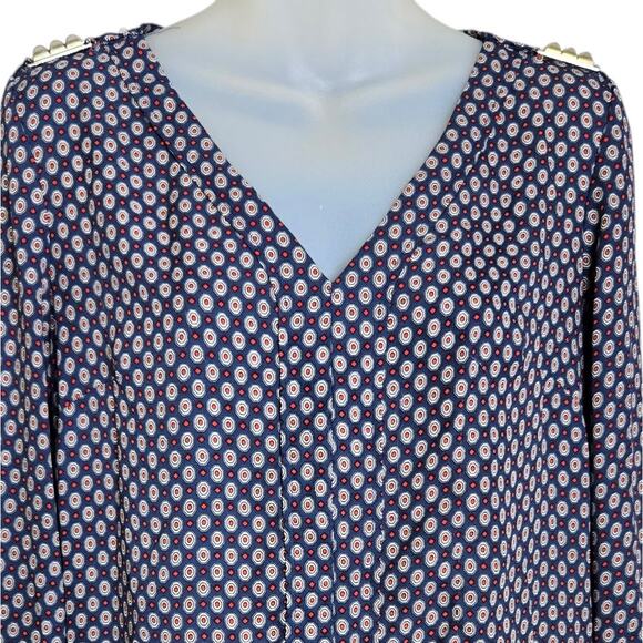Zac & Rachel Womens Blouse Small Navy Geometric Print V Neck Roll Tab Sleeve Top - Picture 3 of 11